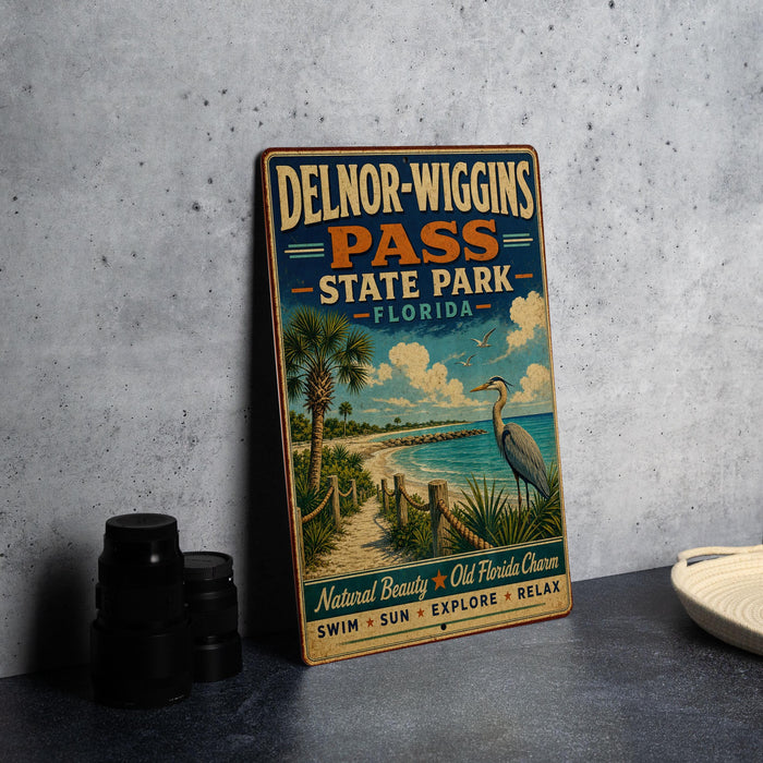 A vintage-style metal sign for Delnor-Wiggs Pass State Park in Florida, featuring a beach scene with palm trees and a crane.