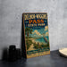 A vintage-style metal sign for Delnor-Wiggs Pass State Park in Florida, featuring a beach scene with palm trees and a crane.