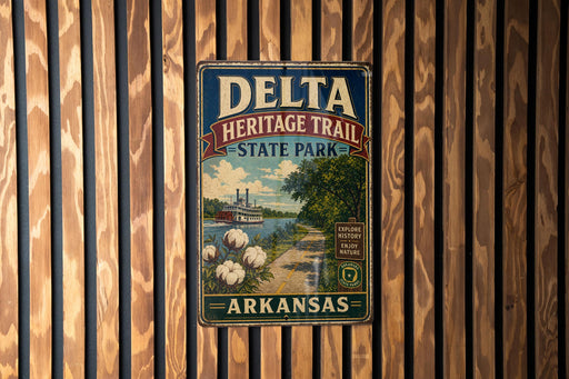 A vintage metal sign for Delta Heritage Trail in Arkansas, featuring a scenic illustration of a river, cotton fields, and a steamboat.
