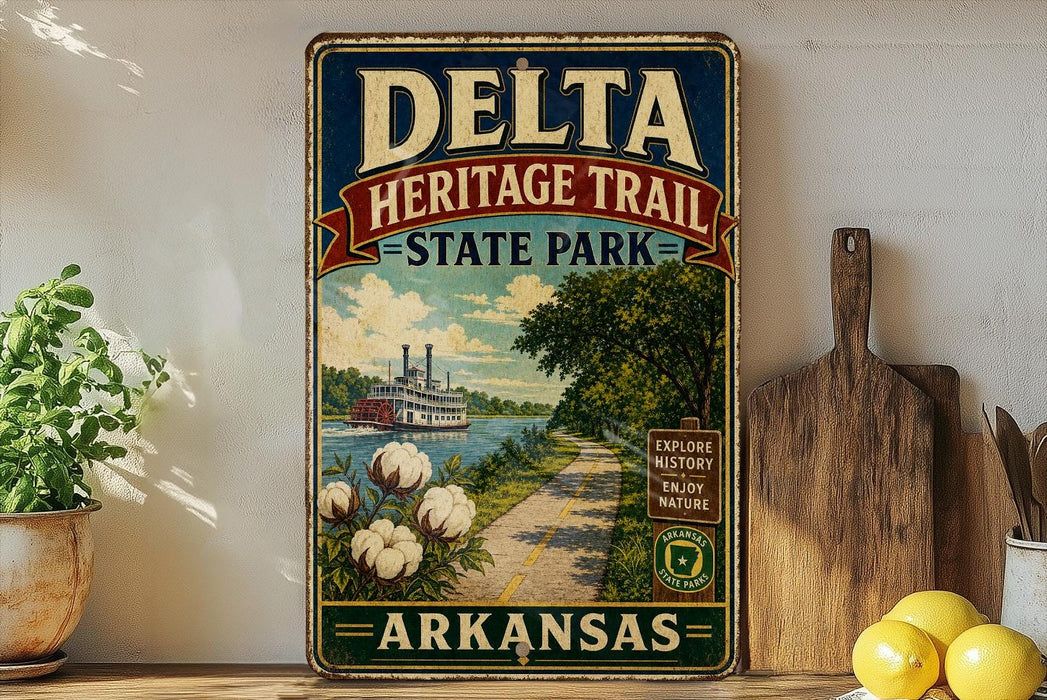 A vintage-style sign for Delta Heritage Trail State Park in Arkansas, featuring a scenic illustration of a river, cotton field, and a steamboat.