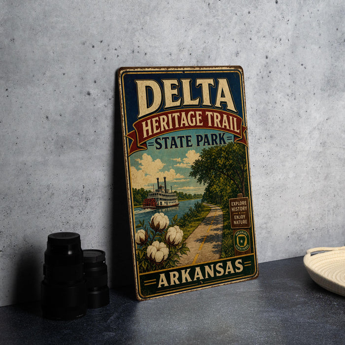 A vintage-style metal sign for Delta Heritage Trail State Park in Arkansas, featuring a scenic illustration of a river, cotton fields, and a steamboat.