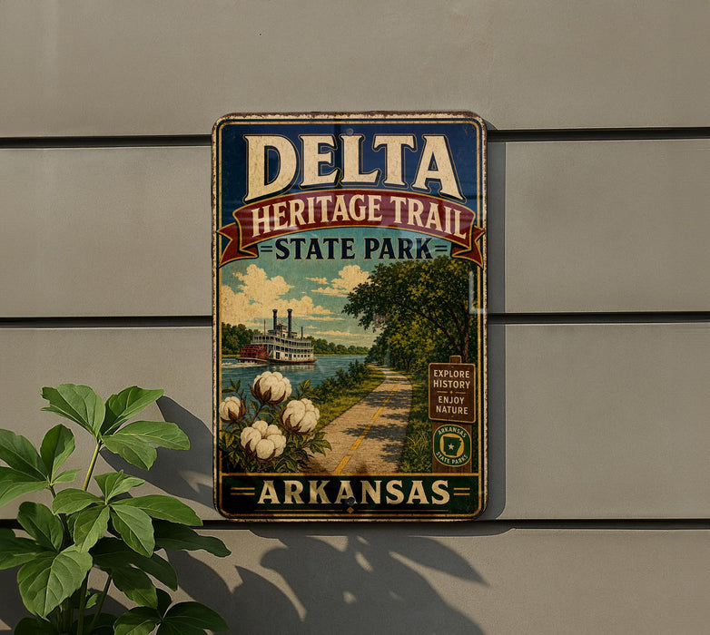 A vintage-style metal sign for Delta Heritage Trail State Park in Arkansas, featuring a scenic illustration of a river, cotton fields, and a steamboat.