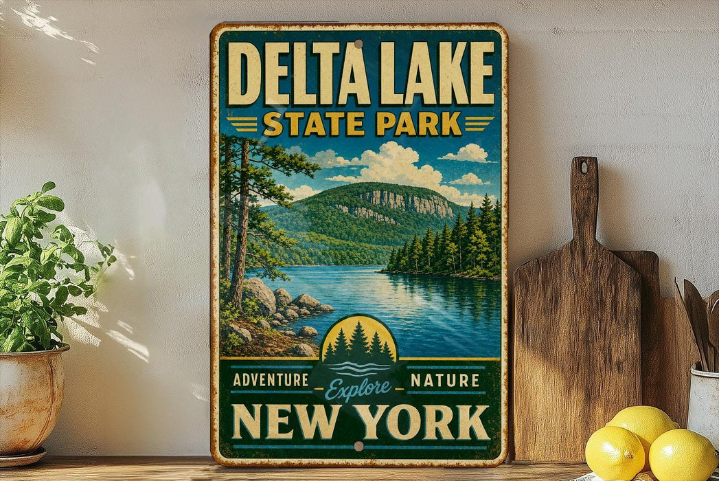 A vintage-style sign for Delta Lake State Park, featuring a scenic landscape with a lake, mountains, and pine trees.