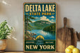 A vintage-style sign for Delta Lake State Park, featuring a scenic landscape with a lake, mountains, and pine trees.