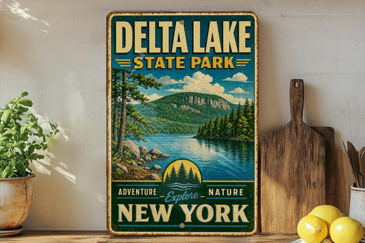 A vintage-style sign for Delta Lake State Park, featuring a scenic landscape with a lake, mountains, and pine trees.