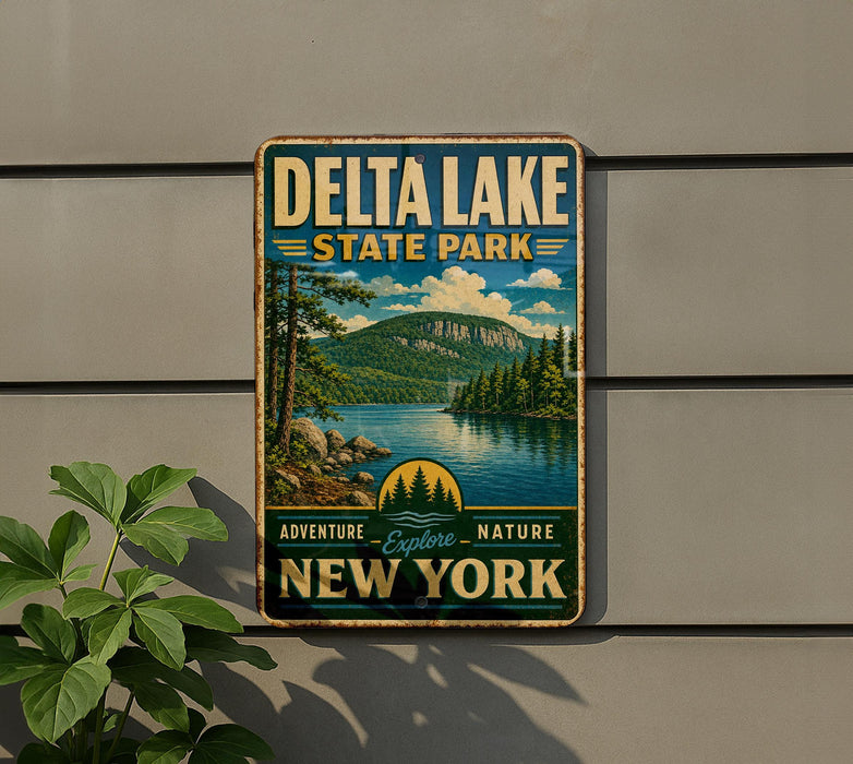 A vintage-style metal sign for Delta Lake State Park, featuring a scenic landscape with mountains, trees, and a lake.
