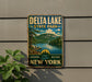 A vintage-style metal sign for Delta Lake State Park, featuring a scenic landscape with mountains, trees, and a lake.