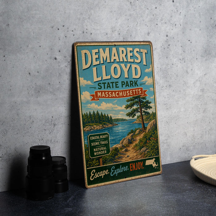 A vintage-style sign for Demarest Lloyd State Park in Massachusetts, featuring a scenic landscape with a lake, mountains, and pine trees.