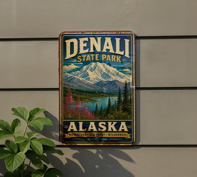 A vintage metal sign for Denali State Park in Alaska, featuring a scenic mountain landscape with a lake and pine trees.