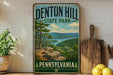 A vintage-style poster of Denton Hill State Park in Pennsylvania, featuring a scenic landscape with a lake and mountains in the background.