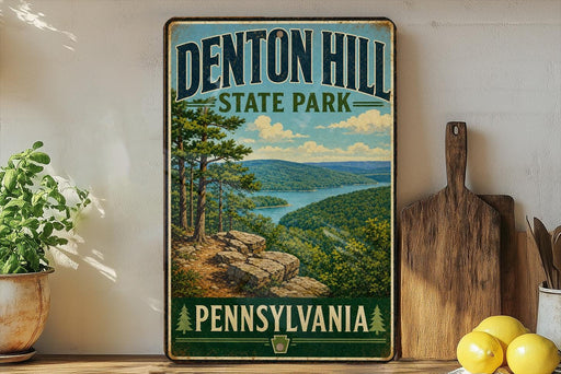 A vintage-style poster of Denton Hill State Park in Pennsylvania, featuring a scenic landscape with a lake and mountains in the background.