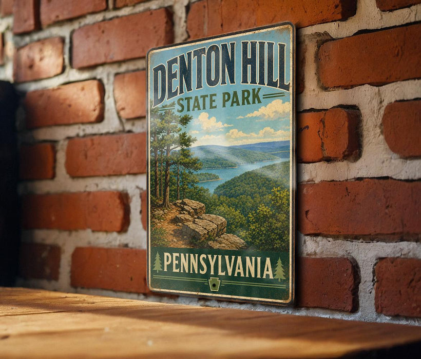 A vintage metal sign for Denton Hill State Park in Pennsylvania, featuring a scenic landscape with a river and forest.
