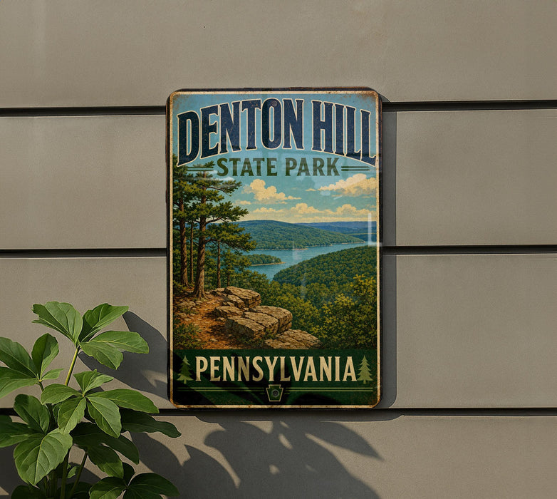 A vintage metal sign for Denton Hill State Park in Pennsylvania, featuring a scenic landscape with a lake and mountains.