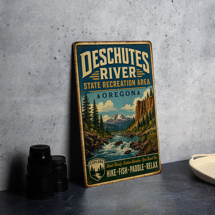 A vintage-style metal sign for the Deschutes River State Recreation Area in Oregon, featuring a scenic landscape with a river, mountains, and pine trees.