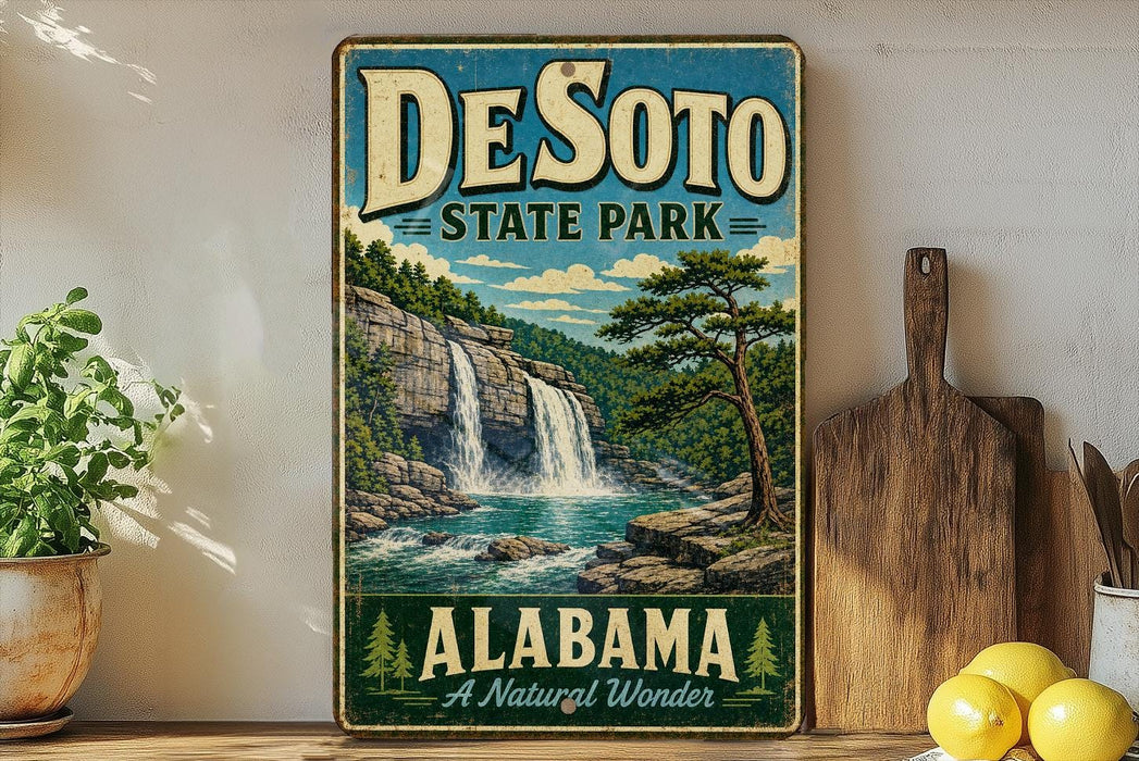 A vintage-style sign for DeSoto State Park in Alabama, featuring a scenic waterfall and forest landscape.