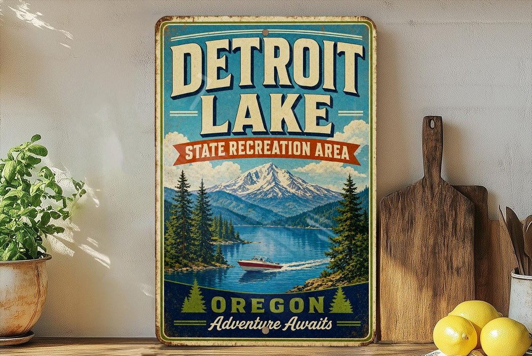 A vintage-style sign for Detroit Lake, a state recreation area in Oregon, featuring a scenic mountain landscape with a lake and boat.