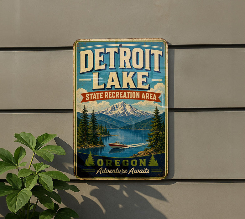 A vintage metal sign for Detroit Lake, Oregon, featuring a scenic mountain landscape with a boat on the lake.