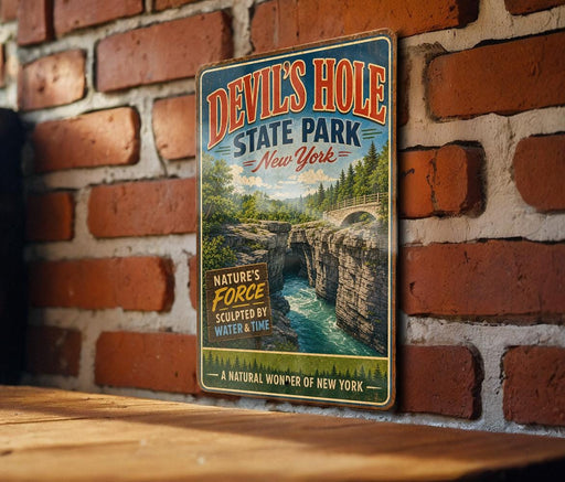 A vintage-style metal sign for Devil's Hole State Park in New York, featuring a scenic image of the park's natural landscape.