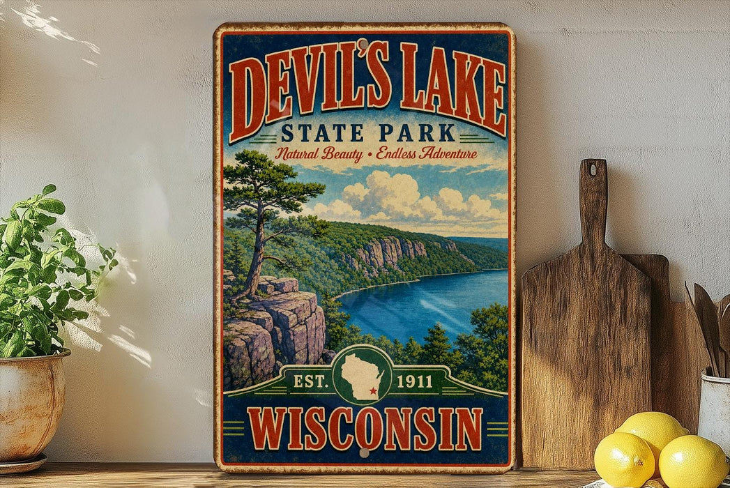 A vintage-style sign for Devil's Lake State Park in Wisconsin, featuring a scenic landscape with a lake, mountains, and a pine tree.