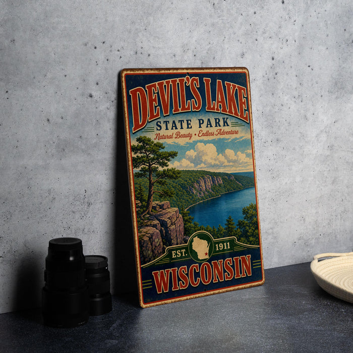 A vintage-style metal sign for Devil's Lake State Park in Wisconsin, featuring a scenic landscape with a lake, mountains, and a tree.