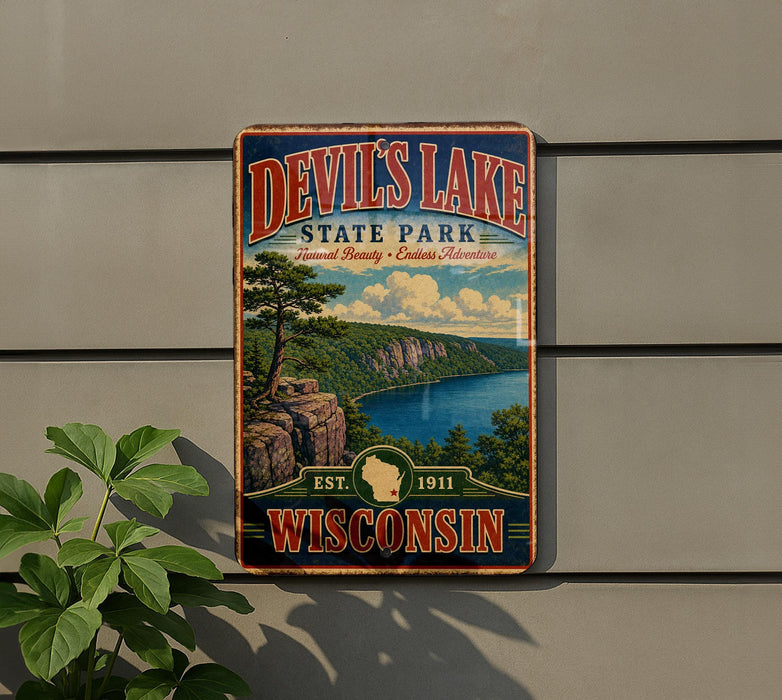 A vintage-style metal sign for Devil's Lake State Park in Wisconsin, featuring a scenic landscape with a lake, mountains, and a waterfall.
