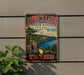 A vintage-style metal sign for Devil's Lake State Park in Wisconsin, featuring a scenic landscape with a lake, mountains, and a waterfall.