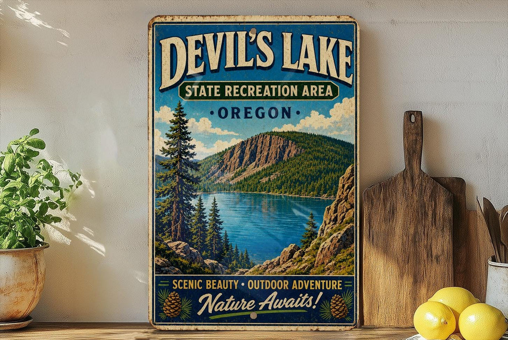 A vintage-style sign for Devil's Lake State Recreation Area in Oregon, featuring a scenic mountain landscape with pine trees and a lake.