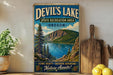 A vintage-style sign for Devil's Lake State Recreation Area in Oregon, featuring a scenic mountain landscape with pine trees and a lake.