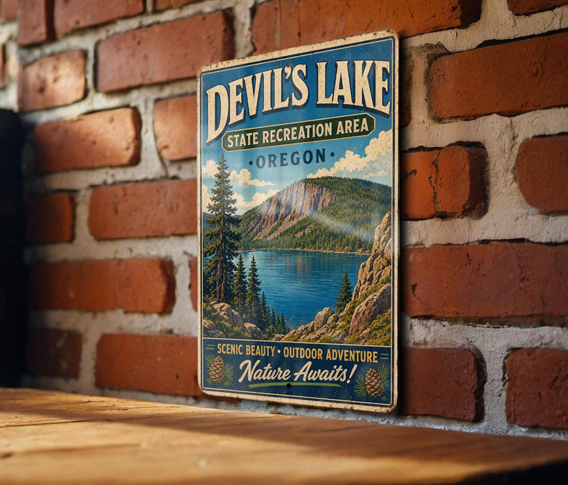 A vintage metal sign for Devil's Lake, a state recreation area in Oregon, featuring a scenic landscape with a lake, mountains, and pine trees.