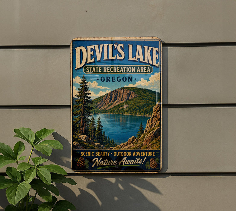 A vintage-style sign for Devil's Lake, Oregon, featuring a scenic mountain landscape with pine trees and a lake.