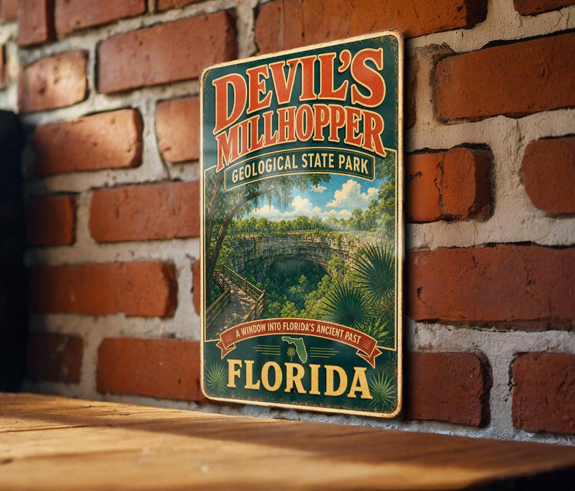 A vintage-style sign for Devil's Millhouse Geological State Park in Florida, featuring a scenic illustration of the park's natural landscape.