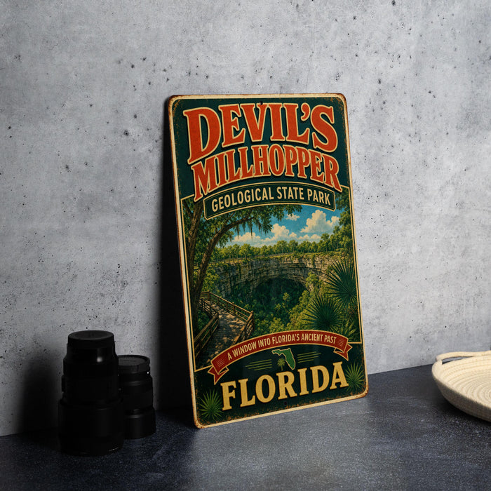 A vintage-style metal sign for Devil's Millhopper Geological State Park in Florida, featuring a scenic image of the park's natural landscape.