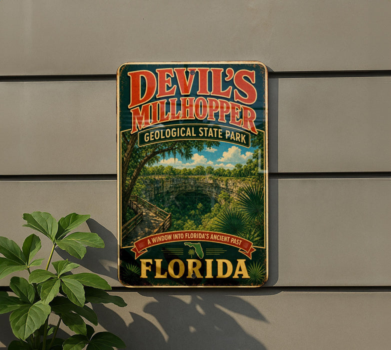 A vintage-style sign for Devil's Mill Hopper, a geological state park in Florida, featuring a scenic image of the park's landscape.