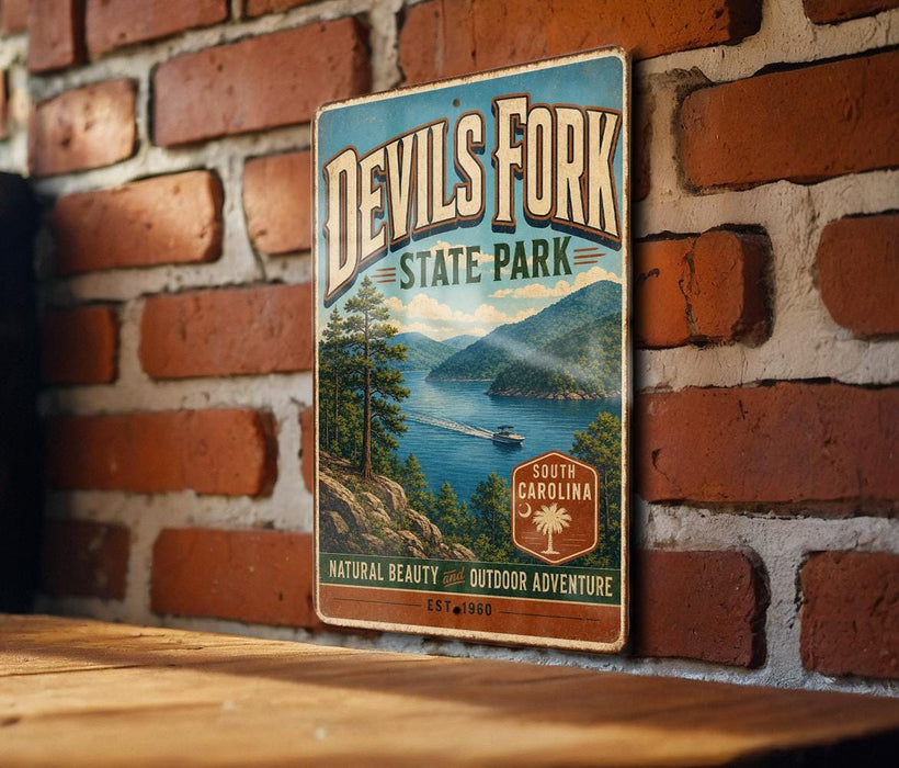 A vintage-style sign for Devil's Fork State Park, featuring a scenic landscape with a lake and mountains, mounted on a brick wall.