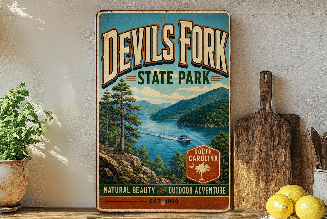 A vintage-style metal sign for Devil's Fork State Park, featuring a scenic landscape with a lake, mountains, and a boat.