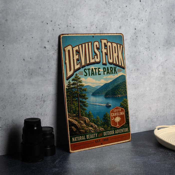 A vintage-style sign for Devil's Fork State Park, featuring a scenic landscape with mountains, a lake, and a boat.