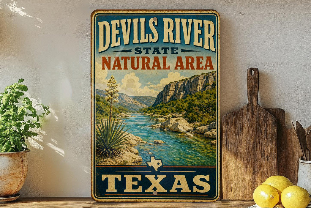 A vintage-style sign for the Devils River State Natural Area in Texas, featuring a scenic landscape with a river, mountains, and desert vegetation.