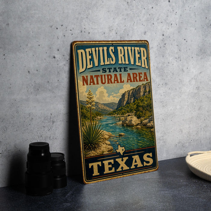 A vintage-style metal sign for the Devils River State Natural Area in Texas, featuring a scenic landscape with a river, mountains, and desert vegetation.