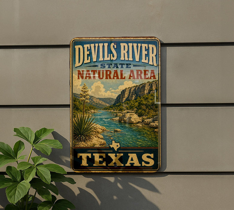 A vintage-style metal sign for the Devils River State Natural Area in Texas, featuring a scenic landscape with a river, mountains, and desert vegetation.
