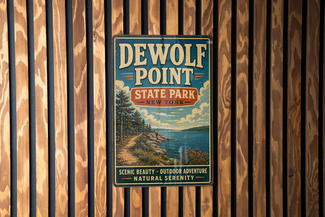A vintage-style metal sign for DEWOLF POINT STATE PARK, NEW YORK, featuring a scenic landscape with a path leading to a body of water.