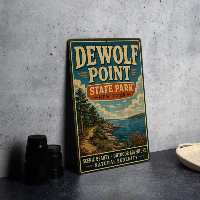 A vintage-style sign for "DEWOLF POINT STATE PARK NEW YORK" is displayed on a table, with a stack of camera lenses and a woven basket nearby.