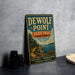 A vintage-style sign for "DEWOLF POINT STATE PARK NEW YORK" is displayed on a table, with a stack of camera lenses and a woven basket nearby.