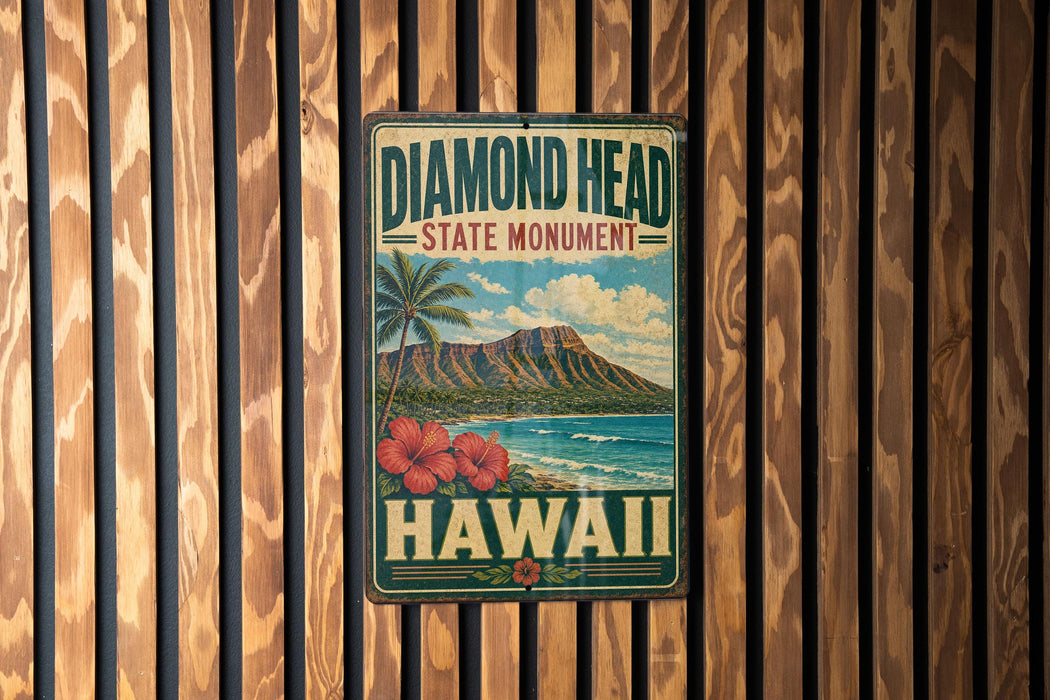 A vintage-style metal sign for the Diamond Head State Monument in Hawaii, featuring a tropical landscape with a mountain, palm trees, and a beach.
