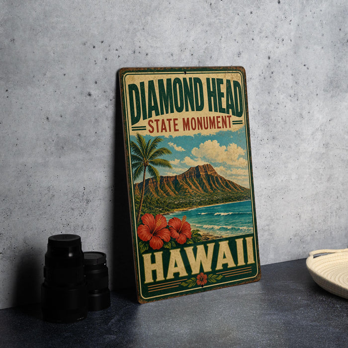 A vintage-style sign for Diamond Head State Monument in Hawaii, featuring a tropical landscape with a mountain, palm tree, and ocean.