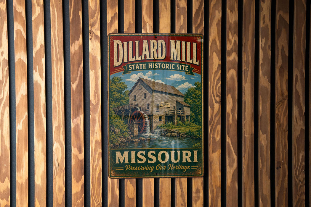 A vintage-style metal sign for the Dillard Mill State Historic Site in Missouri, featuring a wooden mill and a river.