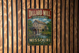 A vintage-style metal sign for the Dillard Mill State Historic Site in Missouri, featuring a wooden mill and a river.