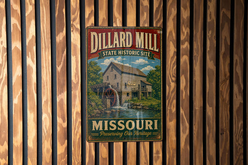 A vintage-style metal sign for the Dillard Mill State Historic Site in Missouri, featuring a wooden mill and a river.
