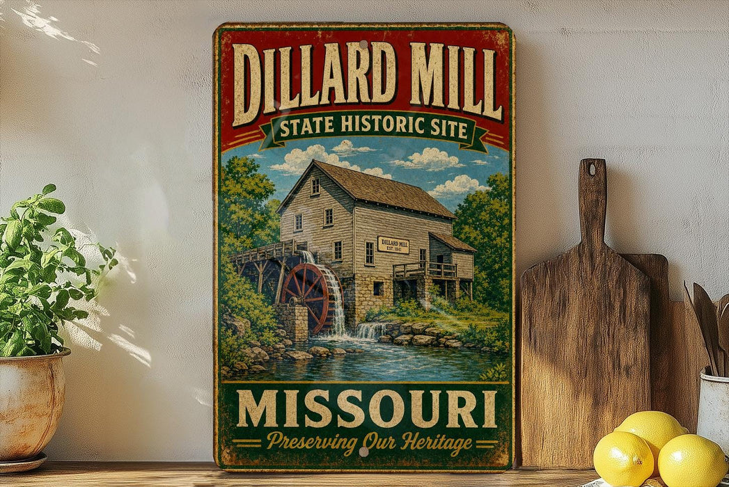 A vintage-style sign for the Dillard Mill State Historic Site in Missouri, featuring a wooden mill building and a waterfall.