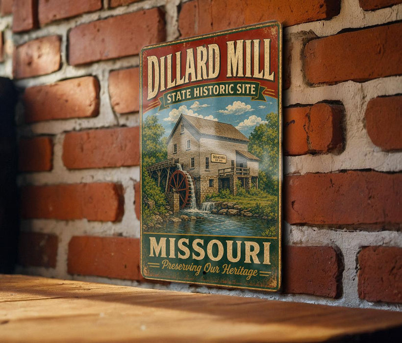 A vintage-style metal sign for the Dillard Mill Historic Site in Missouri, featuring an illustration of a mill and a river.