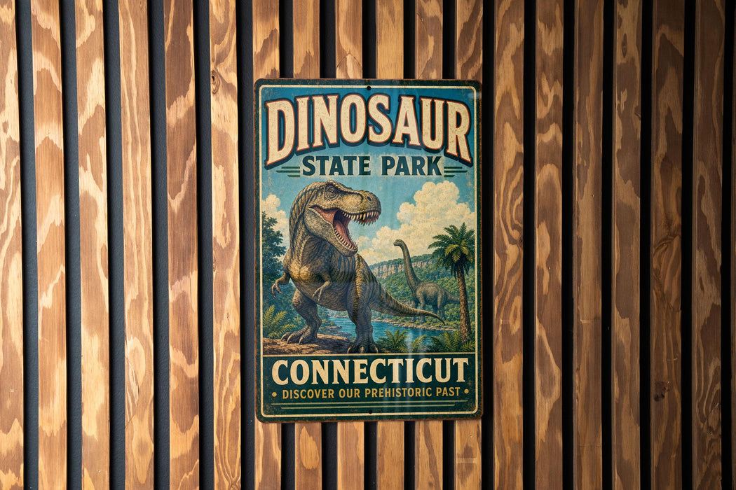 A vintage-style sign for Dinosaur State Park in Connecticut, featuring a T-Rex dinosaur and the text "DINOSAUR STATE PARK CONNECTICUT DISCOVER OUR PREHISTORIC PAST".
